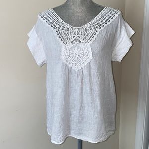 Beautiful Boho Crochet Neckline Details Short Sleeve Linen Blouse White Size M
